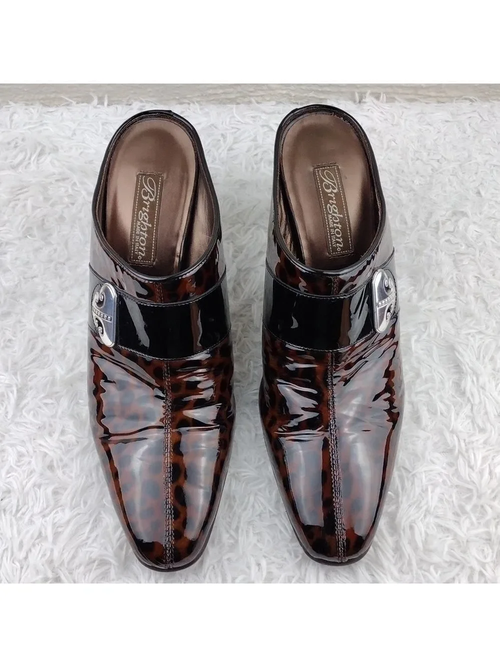 Brighton Runway Black Brown Cheetah Print Patent Leather High Heel Mule Shoe